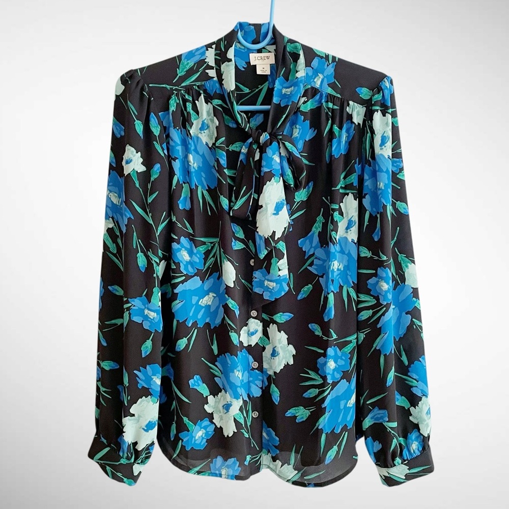 J Crew Floral Long-Sleeve Buttonfront Blouse Tie Neck